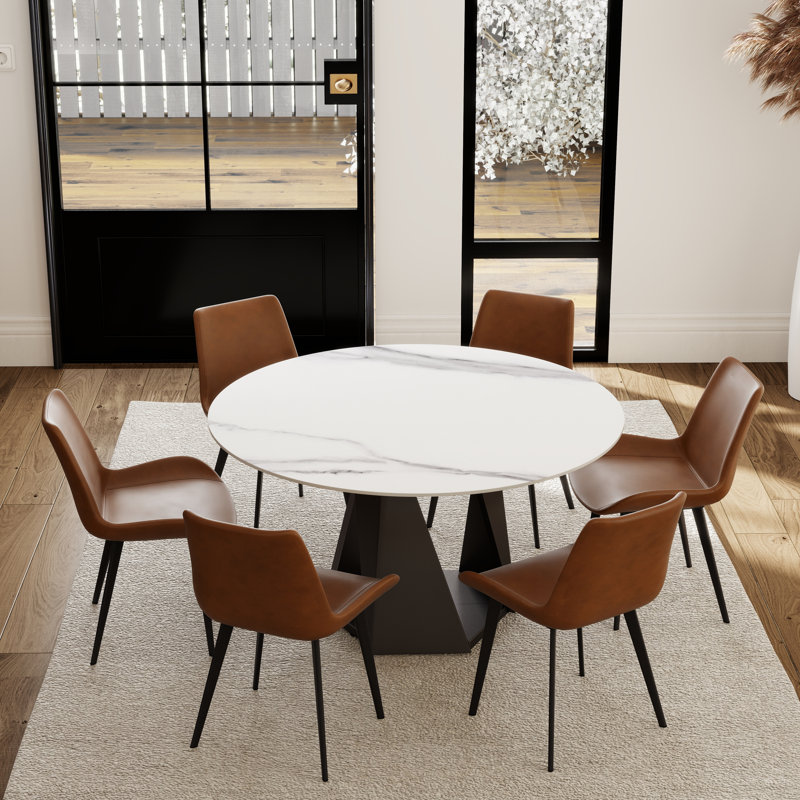 Ensemble de table de salle à manger en pierre frittée 7 pièces avec chaises en similicuir, Blanc