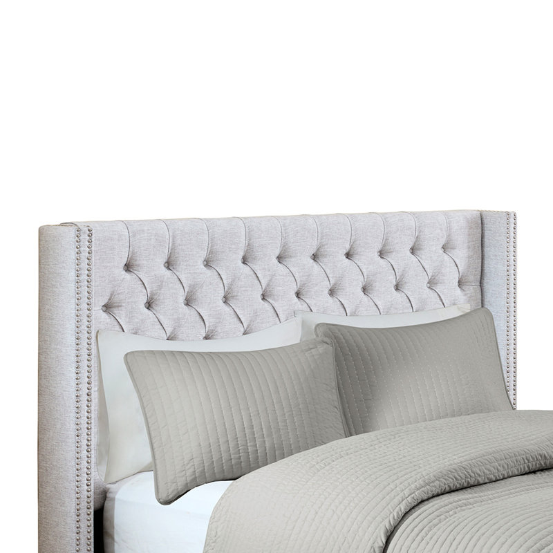Tête de lit tapissier en gris, bouton, pieds réglables, structure en métal, gris, l 68,46 po x H 60,75 po, Grey