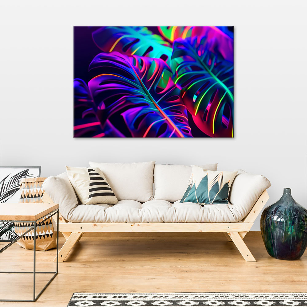 Leinwanddruck, Monstera Leaves In Neon Colors - Drucken