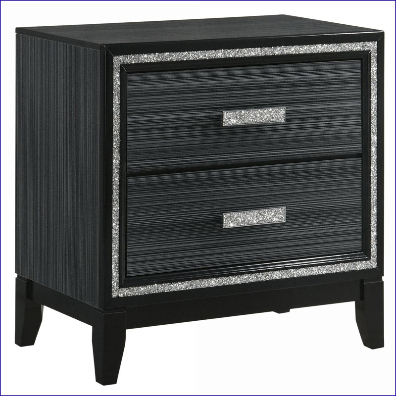 Table de chevet moderne à 2 tiroirs patinée noir Glam, Noir