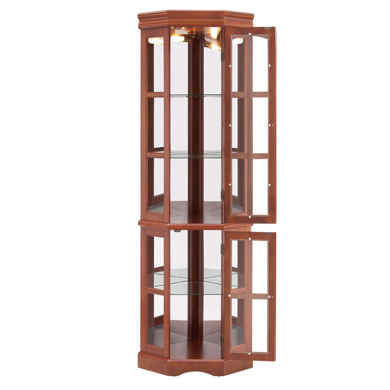 Vitrine d'angle avec 5 tablettes et éclairage, Noyer