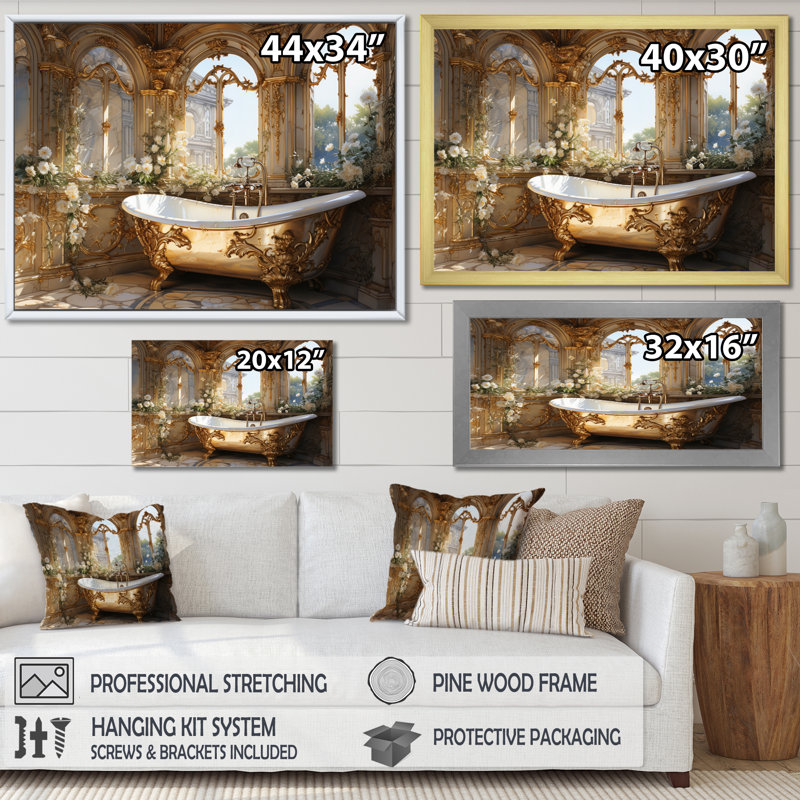 «Bathroom Golden Luxe III» - Art mural encadré pour salle de bain, H 16 po x l 32 po, Toile tendue, Sans cadre
