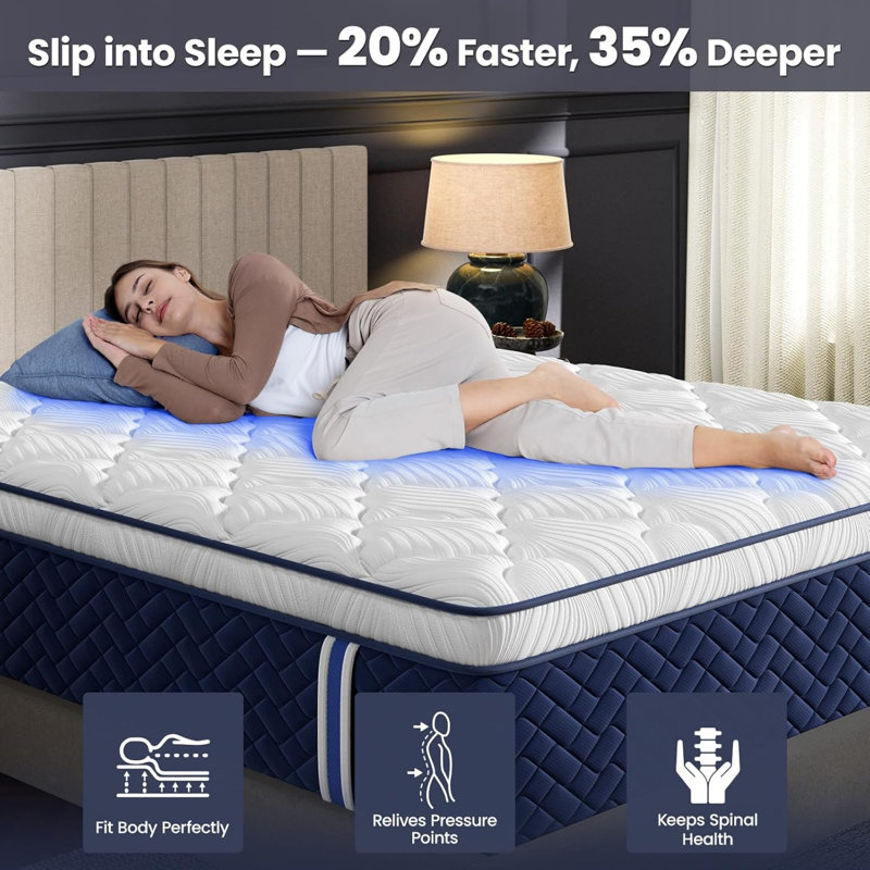  12 Inch Queen Hybrid Mattress, 5-Zone Gel Memory Foam and Pocket Spring Bed for Back and Hip Relief, White and Blue, Queen