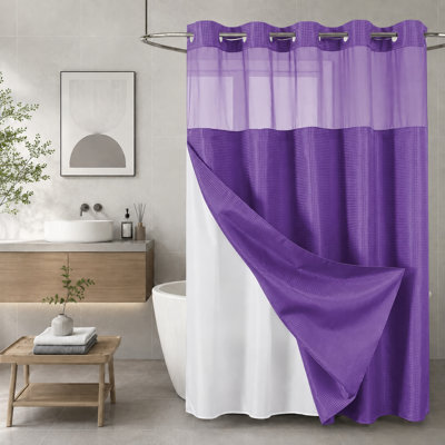 Rideau de douche mauve sans crochet mauve avec doublure, 72 po x 75 po, doublure en tissu à encliquetage, fenêtre supérieure en filet, tissu gaufré robuste, rideau de douche imperméable de style hôtel pour salle de bain