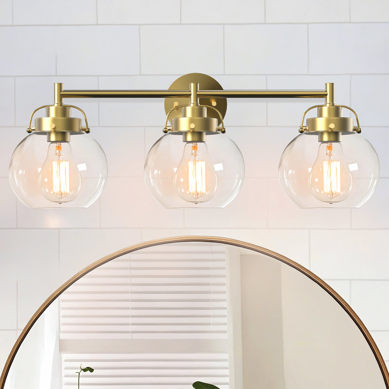 Éclairage pour meuble-lavabo sphérique en verre transparent 24 pouces, 3 lumières à intensité variable, Or brossé