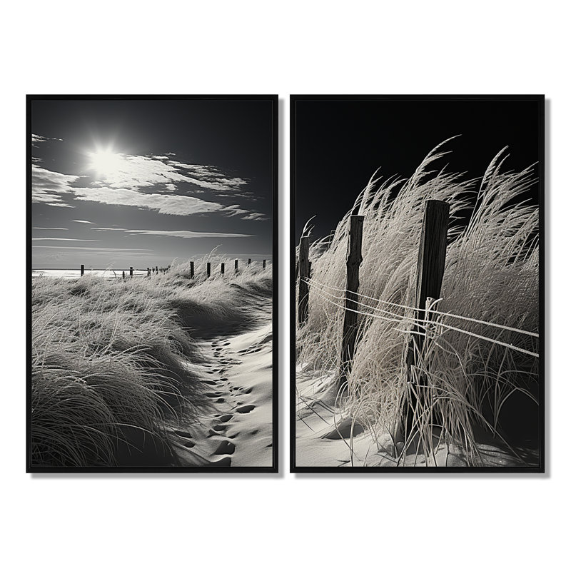Horizon de plage noir et blanc - art mural côtier, Noir, H 36 po x l 48 po, Impression encadrée flottante