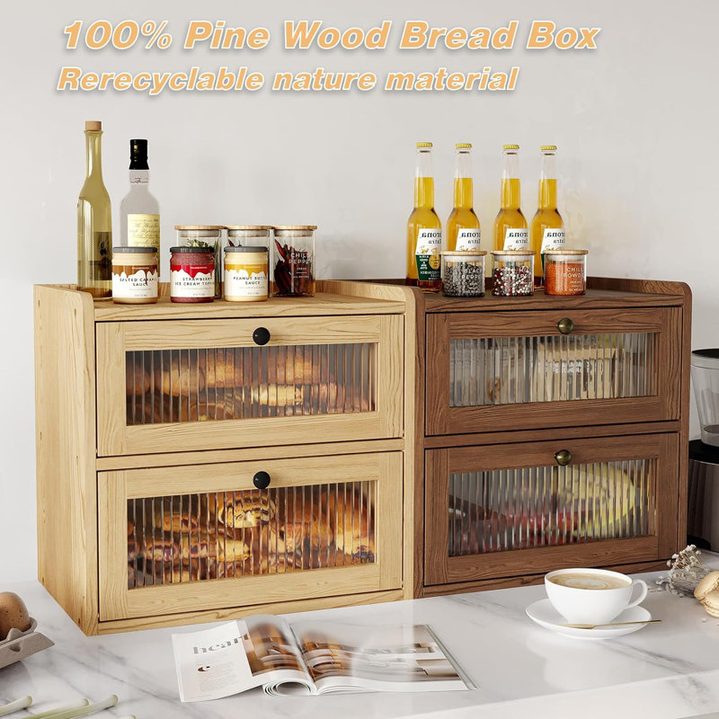 Double Layer Large Bread Box For Kitchen Counter, Wooden Corner Bread Storage Container With Acrylic Window, Retro Brown