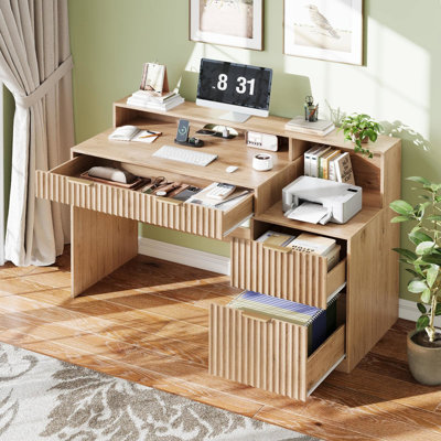 Fluted Computer Desk with Power Outlets, Home Office Desk with Drawers, Printer Stand