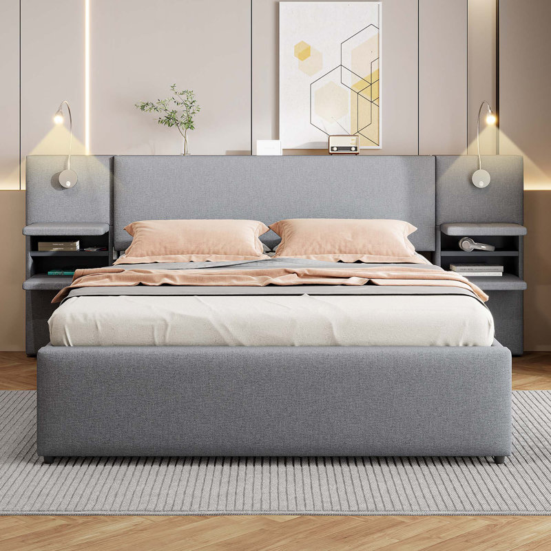 Linen Upholstered Bed with Reading Lights, Drawers, Trundle and Shelves, Gray