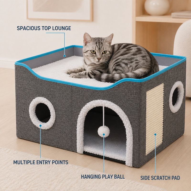 Lit-grotte pour chat d'intérieur - grand lit-grotte avec patin à griffes et boule pelucheuse, cachette pliable pour chat avec coussin double pour plusieurs petits animaux de compagnie