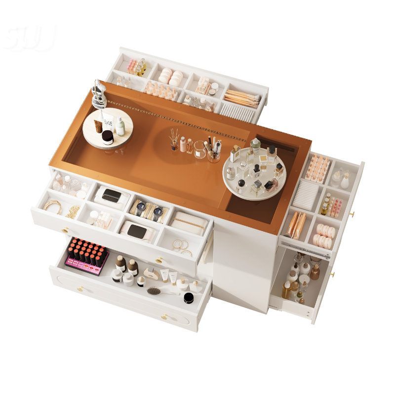 Modern Closet Island With 6 Drawers, Glass Display Top, And Open Shelves For Walk-In Closets And Bedrooms, White