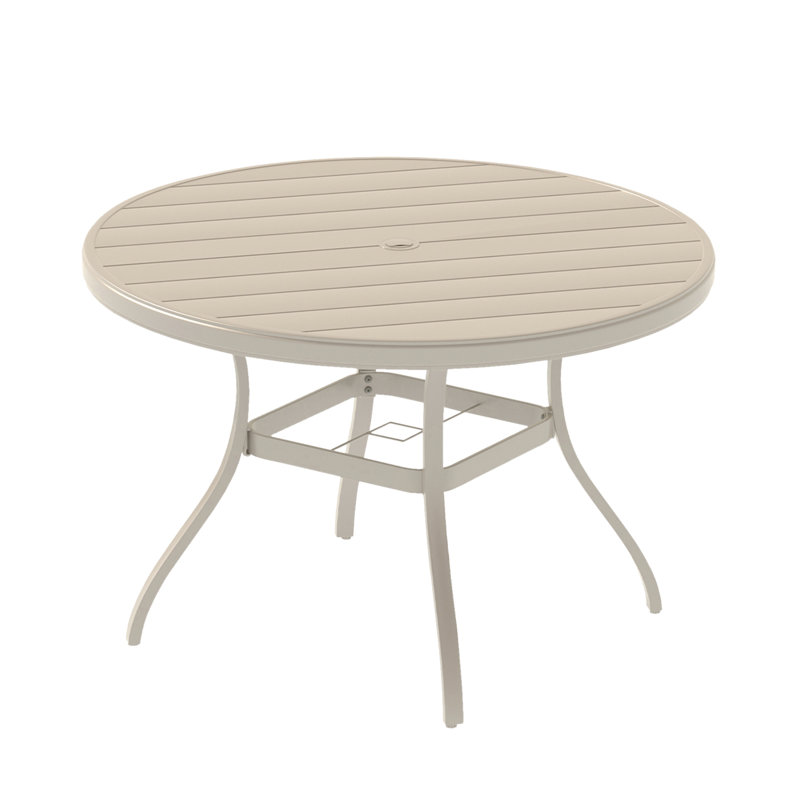 Table de salle à manger extérieure toutes saisons pour 4 à 6 personnes, en métal coloré avec terrasse de trou de parasol réglable, jardin, bord de piscine. Fabrication de qualité, pieds courbés, finition polie à la main et processus d'assemblage simple