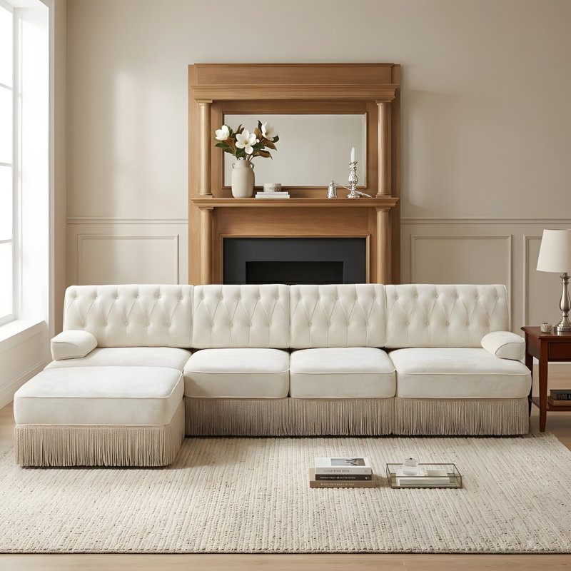 L-shaped, breathable, comfortable fringe-trimmed sofa, Beige Velvet, 34.2" H x 135.6" W x 60.3" D
