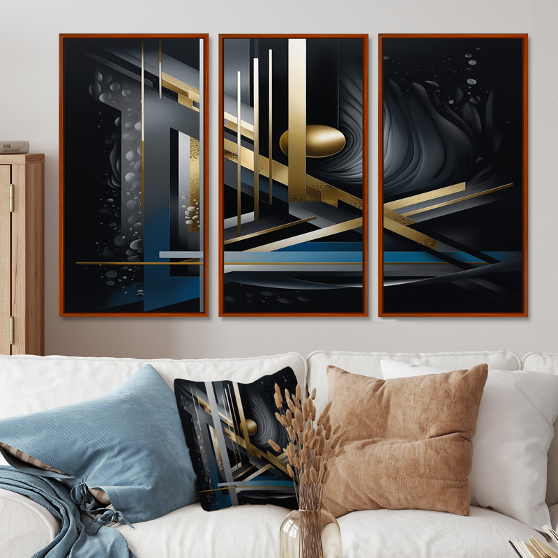 Minimal Tech Blue Gold Core - ensemble d'art mural géométrique, H 28 po x l 36 po x P 1 po, Cadre flottant brun