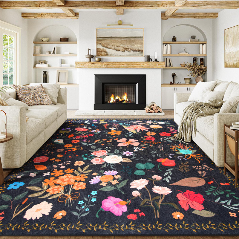 Groner Large Flower Living Room Rug Washable Bedroom Rug Non-Slip Colorful Vintage Accent Floor Carpet For Home Decor