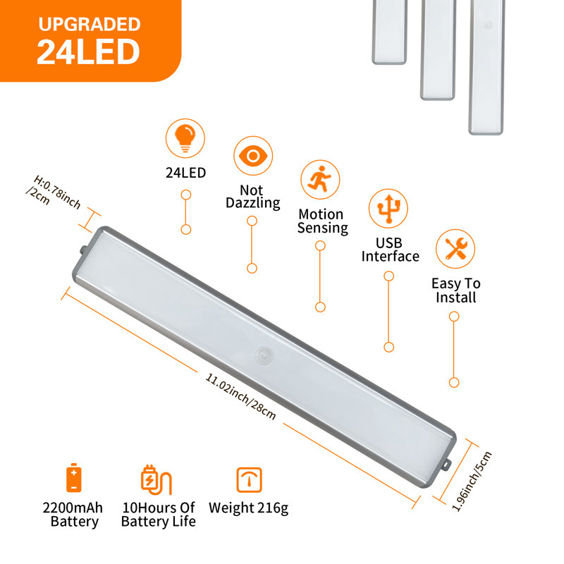 Éclairage de placard rechargeable sans fil LELEDT 10 pouces, 24 DEL