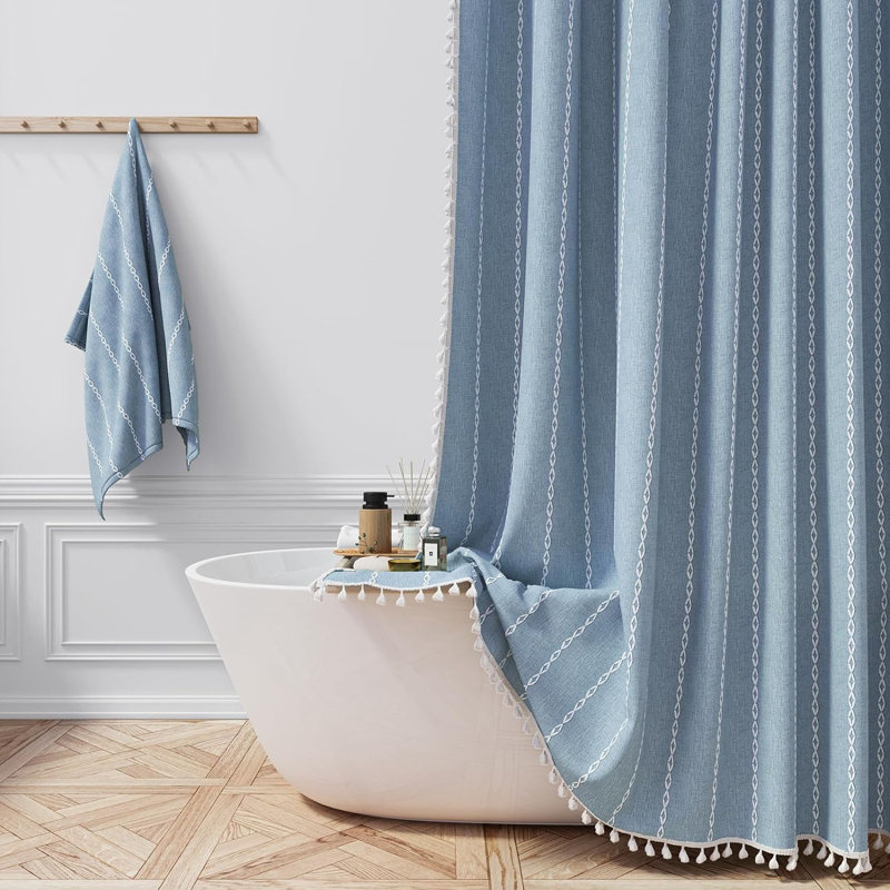 Blue Linen Blend Boho Farmhouse Shower Curtain with Tassels