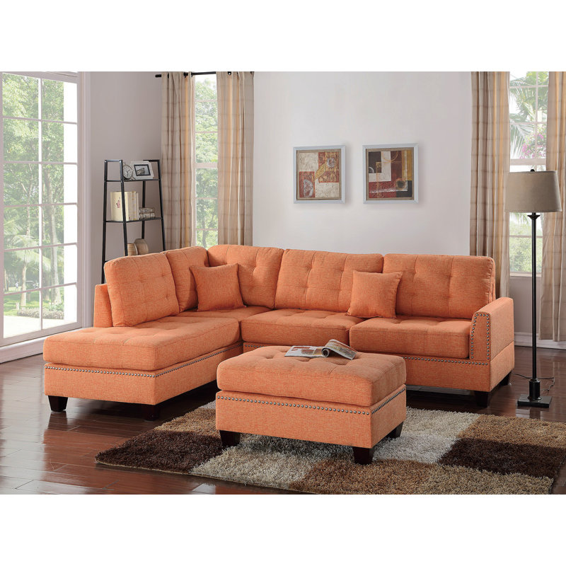 Modern Citrus Color 3Pcs Sectional Living Room Furniture Reversible Chaise Sofa And Ottoman Tufted Polyfiber Linen Like Fabric Cushion Couch Pillows