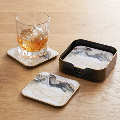 Aurielle Art Deco 4-Piece Coaster Set with Storage Holder For Drinks