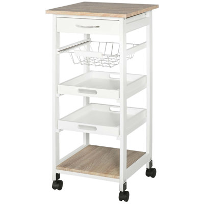 Mobile Kitchen Cart, Rolling Kitchen Island with Storage, Frame Utility Cart with Wire Fruit Baskets, Trays and Drawer, White