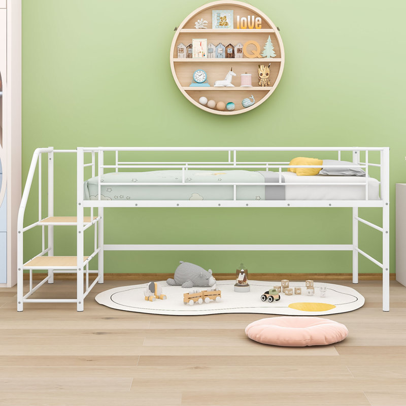 Twin Mid Loft Bed With Integrated Storage Stairs And Guardrails, White