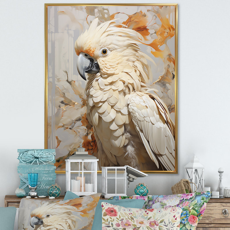 Perroquet beige à plumes élégance II, Cadre flottant doré, H 32 po x l 16 po x P 1 po