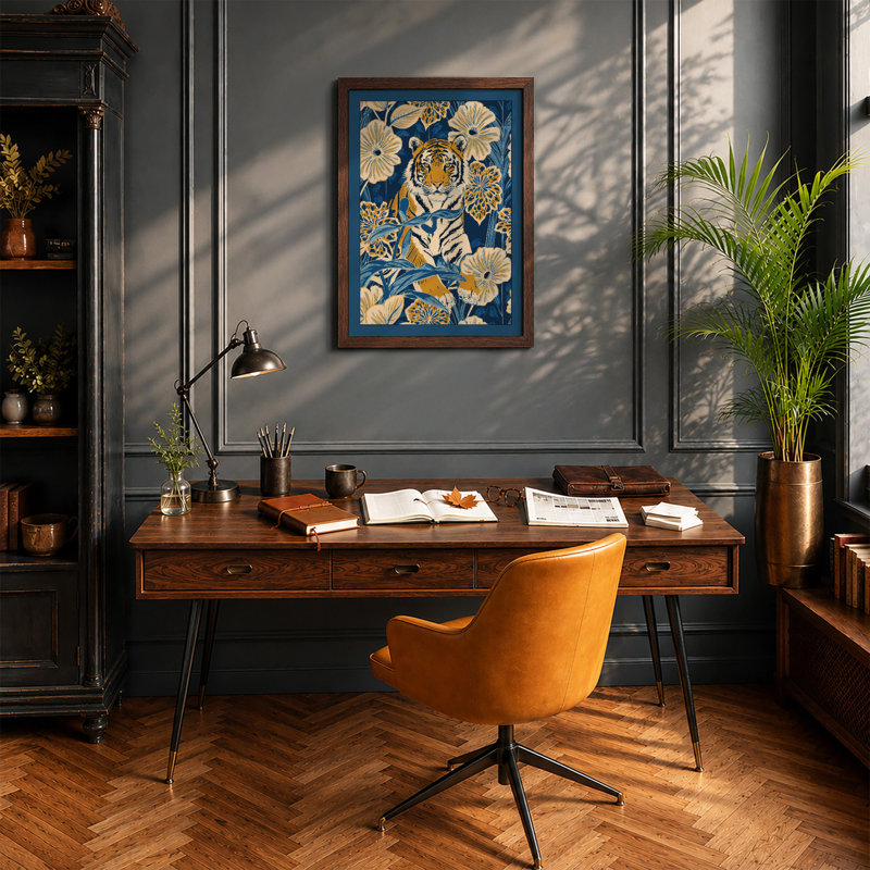 Tiger in Bloom Botanical - Framed Print, A4 - 29.7 x 21.0 cm, Walnut