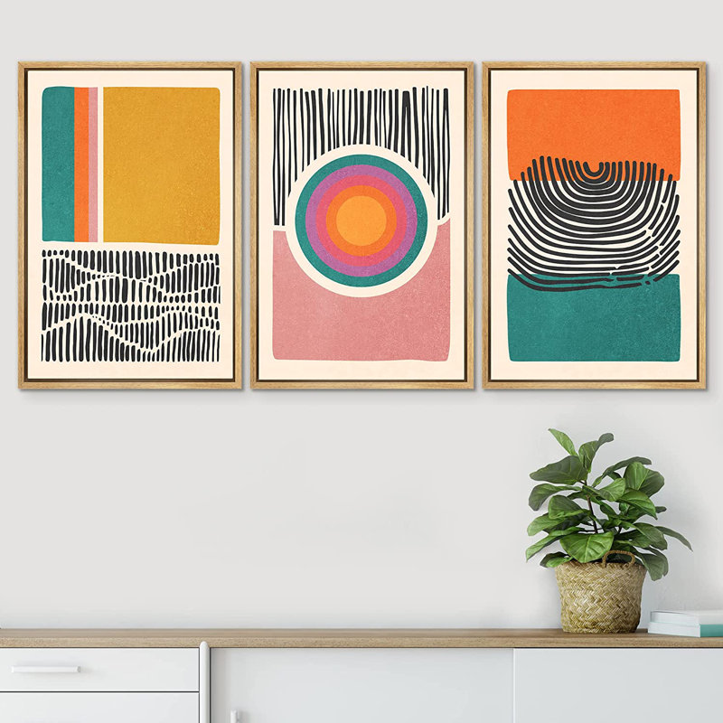 «Mid-Century Multicolor Color Block Shape Abstract Geometric», ensemble de 3 impressions sur toile flottante encadrées
