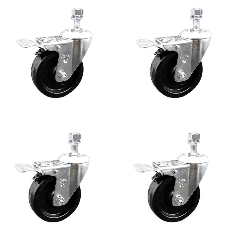 4 Inch SS Phenolic Swivel 3/8 Inch Threaded Stem Caster Set Total Lock Brake SCC