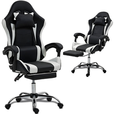 Gaming Chair with Massage Lumbar Support Ergonomic Video Game Chair for Adults, Adjustable Headrest & Footrest, 90-135° Recline, 360° Swivel, White