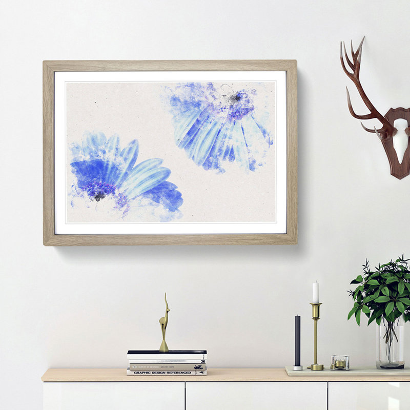 Two Blue Flowers - Single Picture Frame Print on MDF, Oak, 35cm H x 50cm W x 2cm D