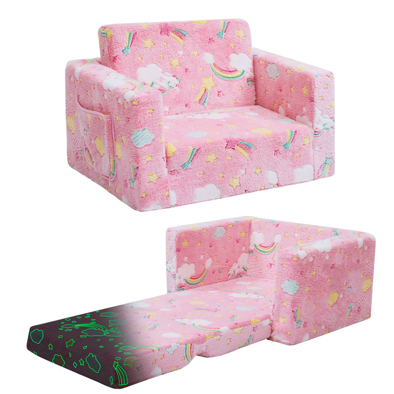 Amilee Kids Couch Sofa, Folding Toddler Couch, Pink Rainbow, 16" H x 23.6" W x 17" D