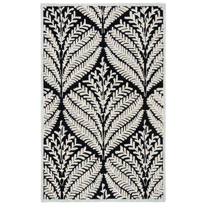Tapis floral en laine touffeté à la main Cerda noir / ivoire, Rectangle 3 pi x 5 pi