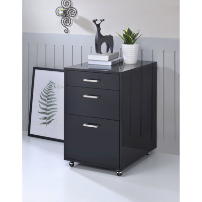 Classeur à 3 tiroirs noir avec finition et haute brillance, 18 po x 22 po x H 28 po, sans assemblage, 62 lb, roulettes fournies avec 3 tiroirs, pour un mouvement parfait