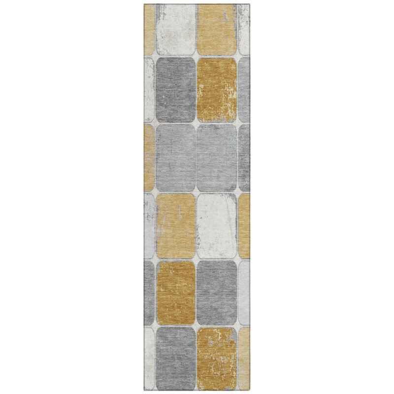 Machine Washable Indoor/Outdoor Xhevrie Gold Rug, Runner 2'3" x 7'6"