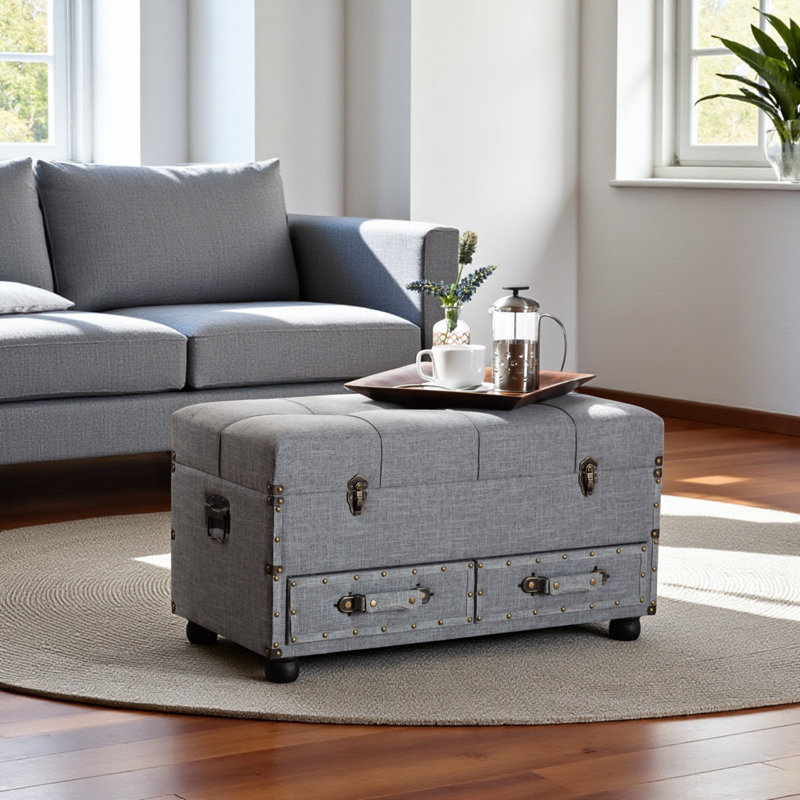 Clutch Ottoman with 2-Drawer Storage in Gray Fabric, 17.22" H X 31.3" W X 15.56" D