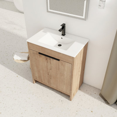 30" Freestanding Bathroom Sink Cabinet. White Ceramic. 2 Soft-close Doors. Plywood. Modern Vanity With Ceramic Washbasin. Model.