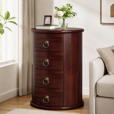 Tribesigns Round Wood Nightstand with 4 Drawers, Fully Assembled Bedside Table with Antique Bronze Handles and Cherry Brown Finish for Bedroom