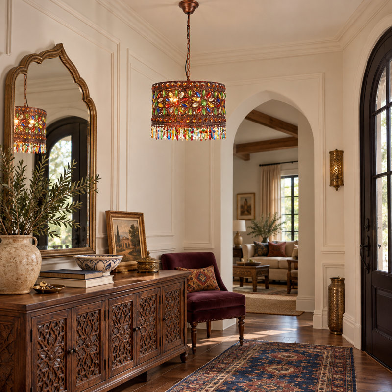 Luminaire suspendu tambour en cristal marocain 3 lumières avec finition bronze antique