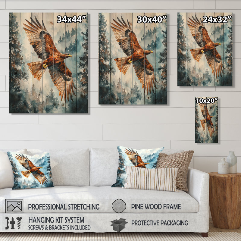 Aigle brun en vol I - impression sur bois d'oiseau - sur bois de pin naturel, H 40 po x l 30 po x P 0,78 po