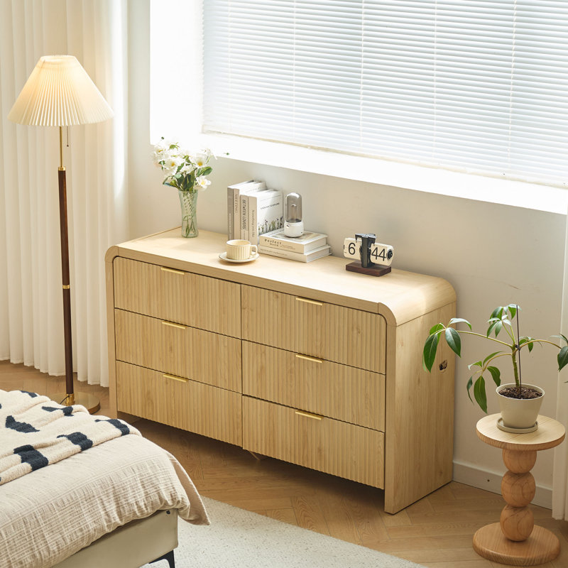 55" Modern Fluted 6 Drawer Dresser, Sculpted Texture & Waterfall Corners, Wood Bedroom Dresser, Natural