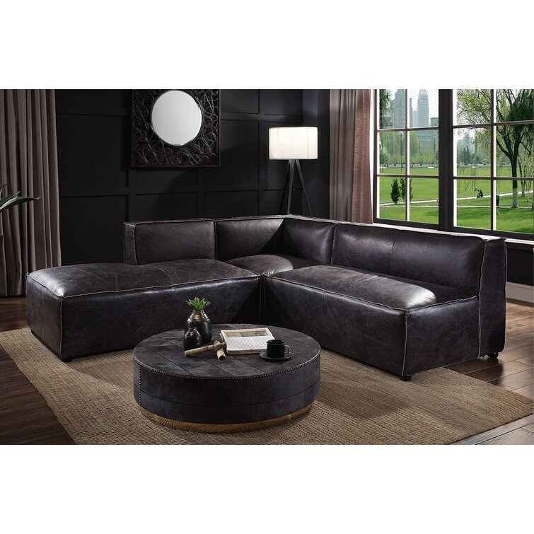 Jagger Leather Modular - Corner Couch With Ottoman - Lead