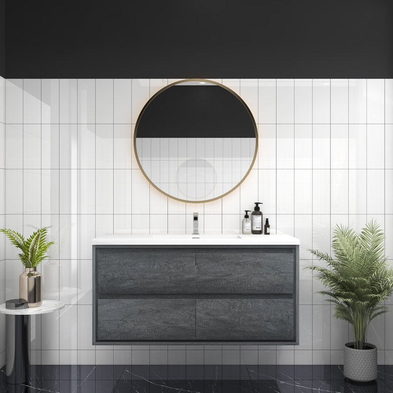 Ensemble de meuble-lavabo simple mural 48 po Azden, Chêne fumé