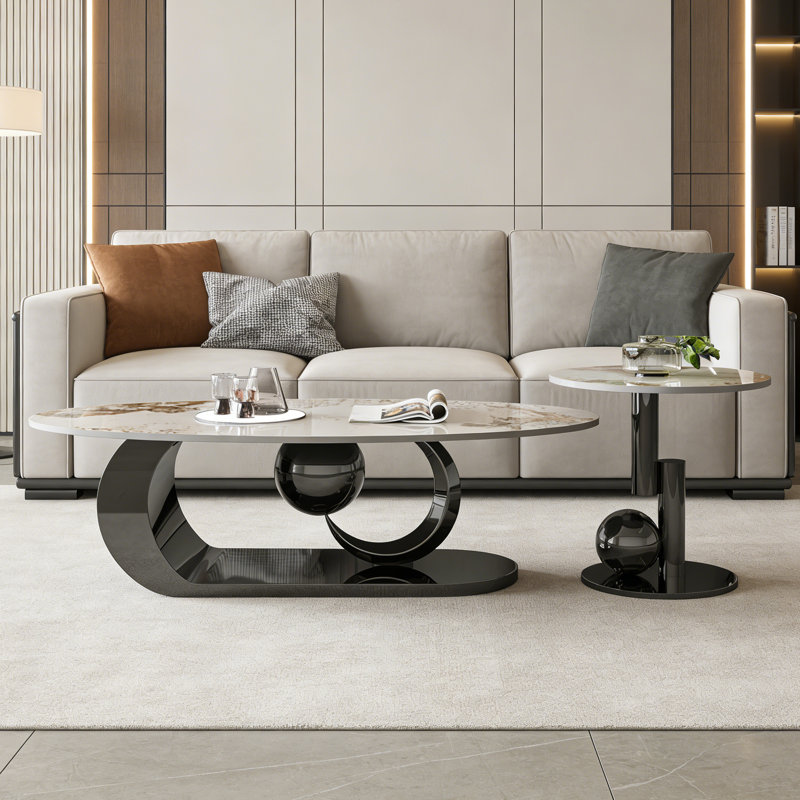 Ensemble de tables basses Modern, H 15,75 po x L 55,12 po x l 27,56 po, Blanc / Brun, Noir
