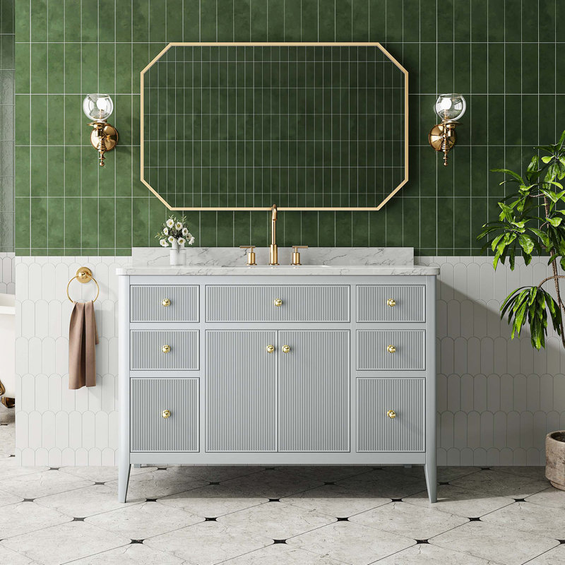 Meuble-lavabo autoportant de 48 po entièrement assemblé avec structure en bois massif et plateau en marbre d'ingénierie
