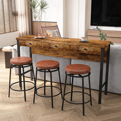 Ensemble de table de salle à manger à 3 tiroirs avec prises électriques et tabourets circulaires en polyuréthane, facile à assembler pour les cuisines modernes