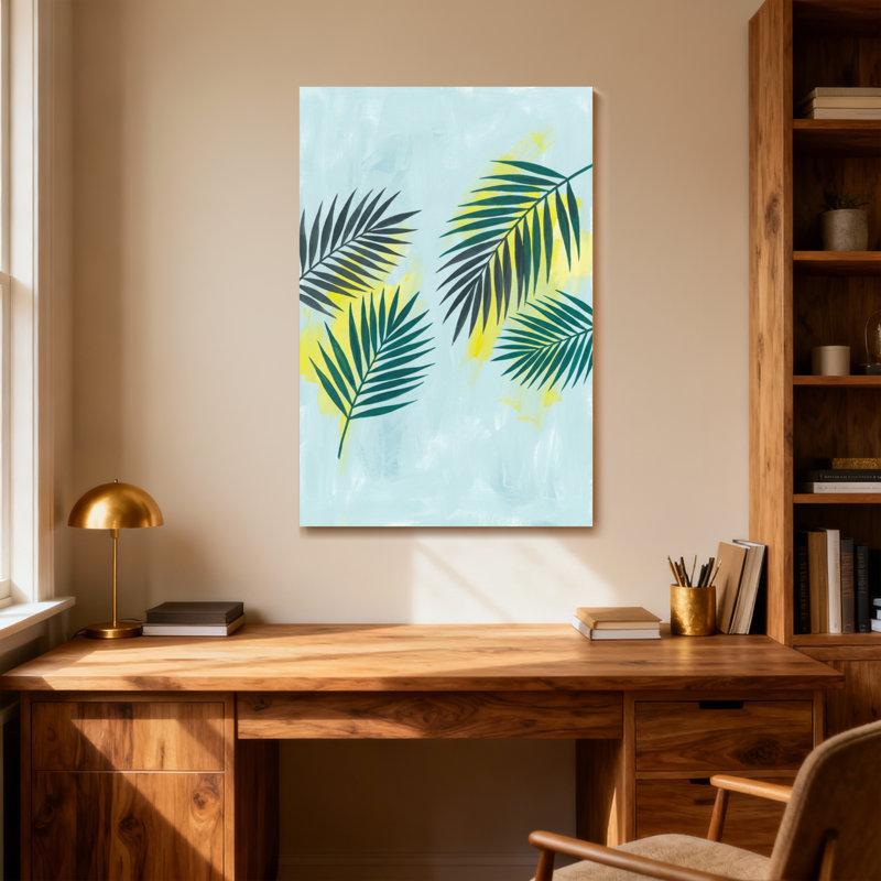 Plantes et fleurs, feuilles tropicales sur fond bleu clair, H 40 po x l 28 po
