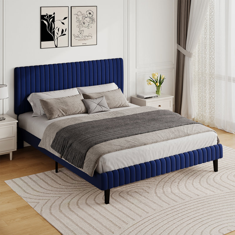 Tête de lit et pied de lit en velours avec revêtement matelassé, Double, Bleu