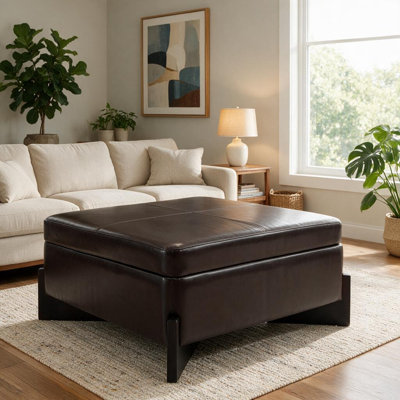 Pouf de rangement carré avec table basse intégrée - 78 x 78 x 45 cm - Cuir PU - 1 pièce - Pouf de rangement - Brun foncé - Charnière hydraulique