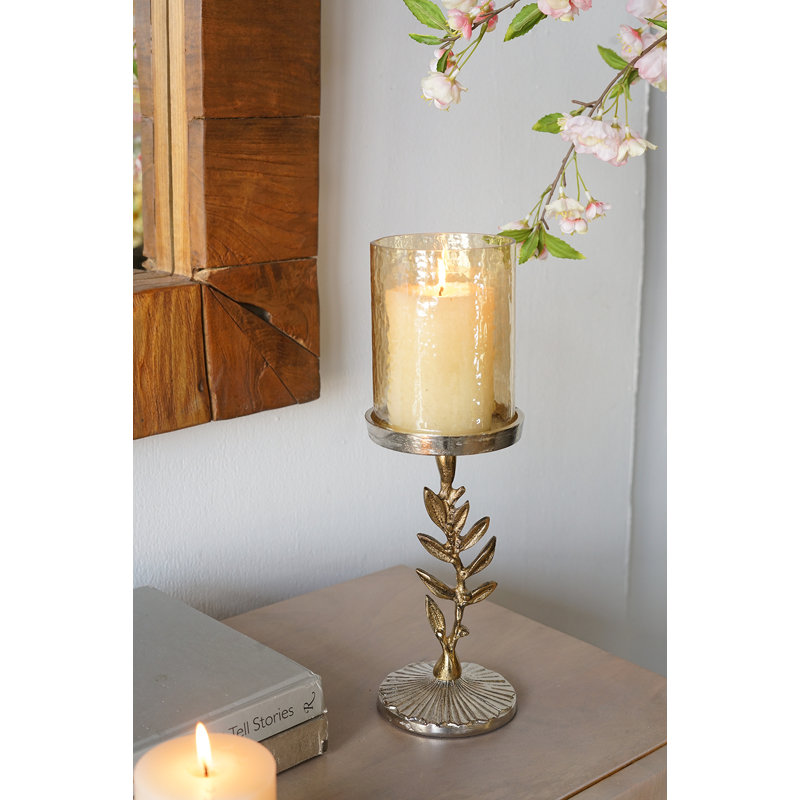 Gold Leaf Pillar Candle Holder With Silver Base And Glass Hurricane, 13.5" H x 4.5" W x 4.5" D